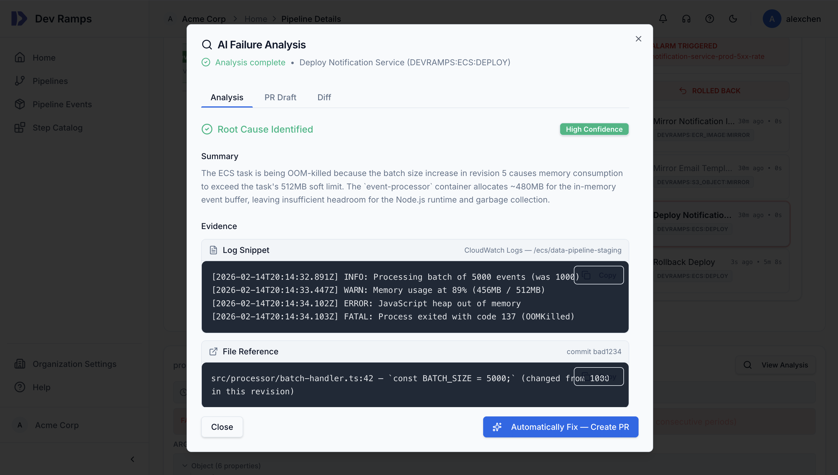 AI failure analysis showing root cause identification, log evidence, and auto-fix button