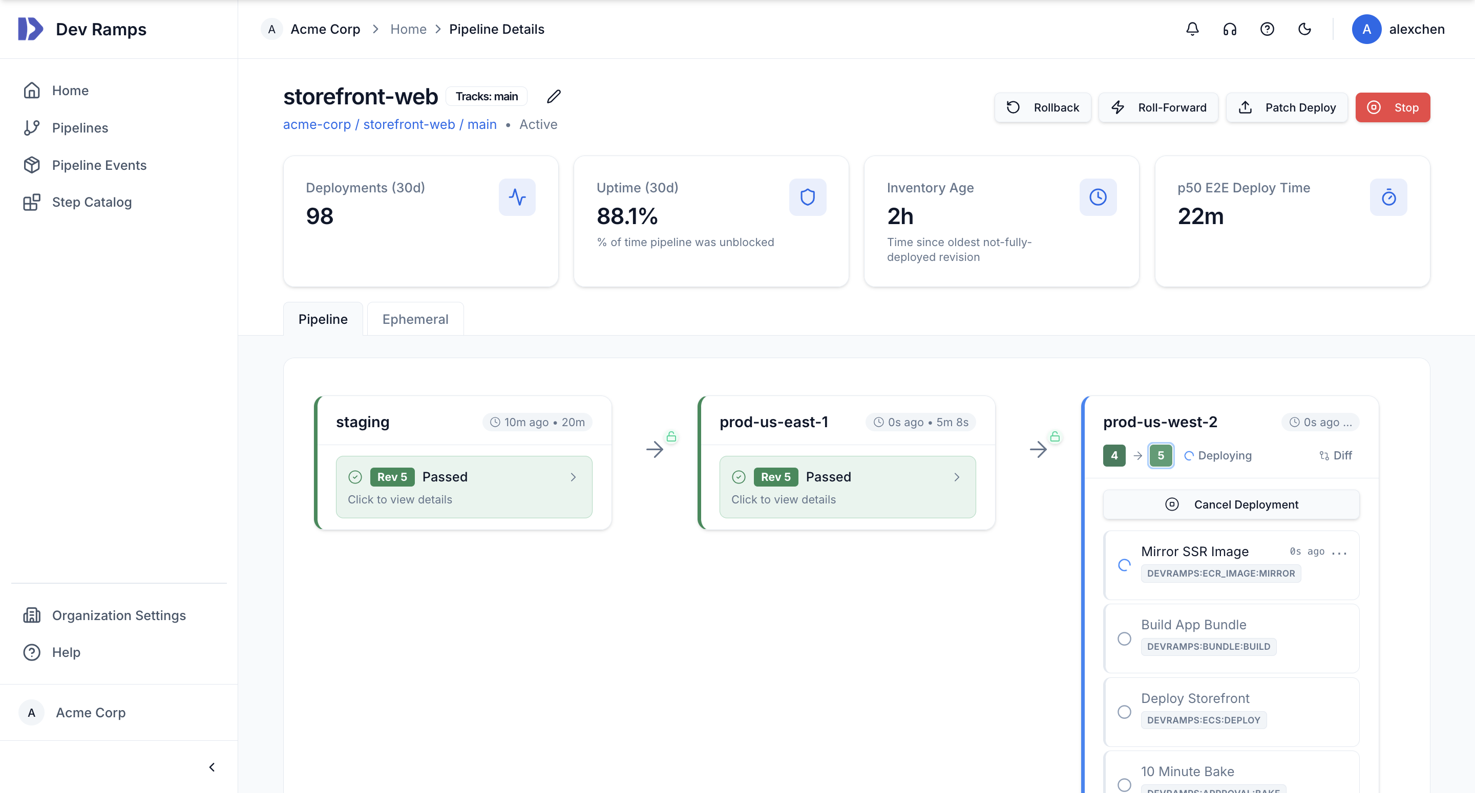 Pipeline detail view showing multi-stage deployment across staging and production regions with health metrics, step progress, and real-time status