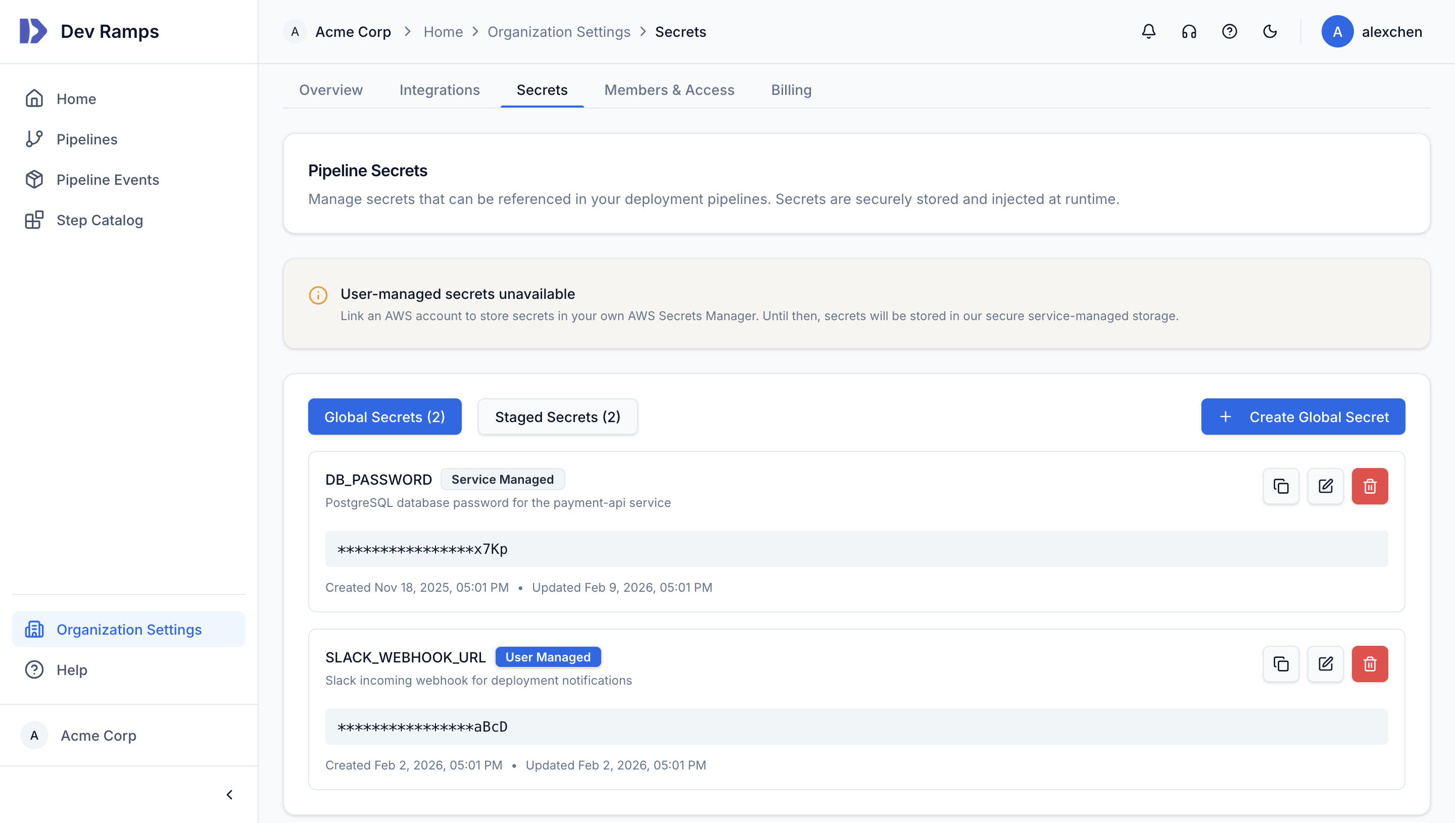 Secrets management UI showing global and staged secrets with masked values